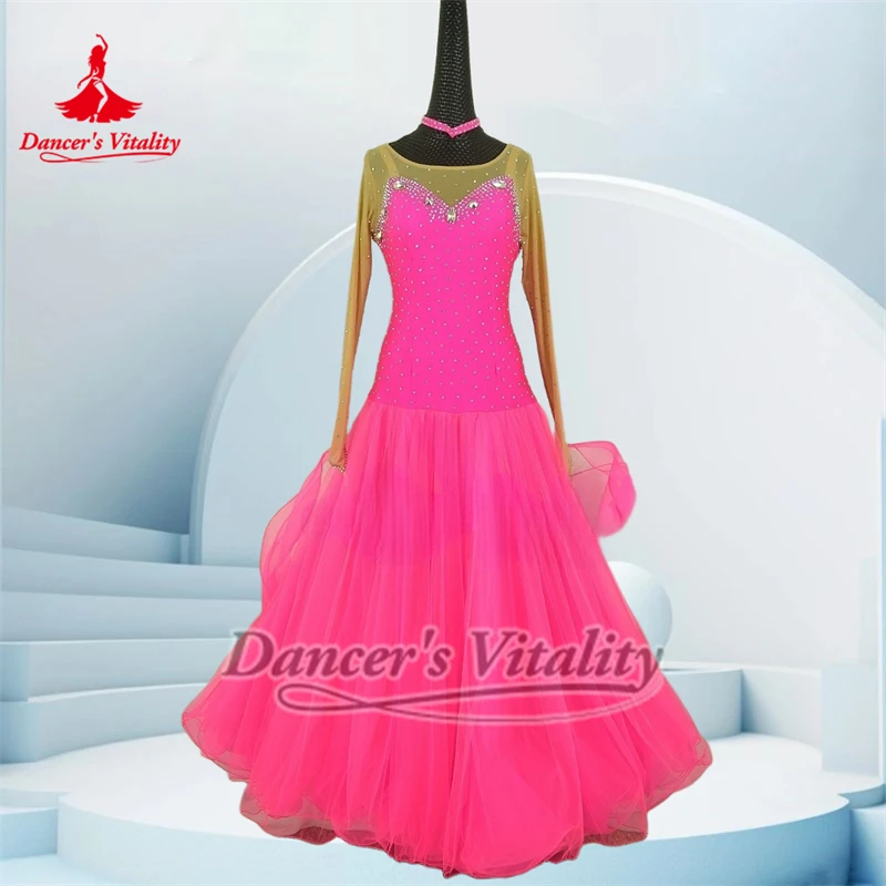 V자형 백 월츠 롱 슬리브 댄스 드레스 맞춤형 성인용 볼룸 메쉬 스플라이싱 대회 및 공연 의상 댄서의 활력