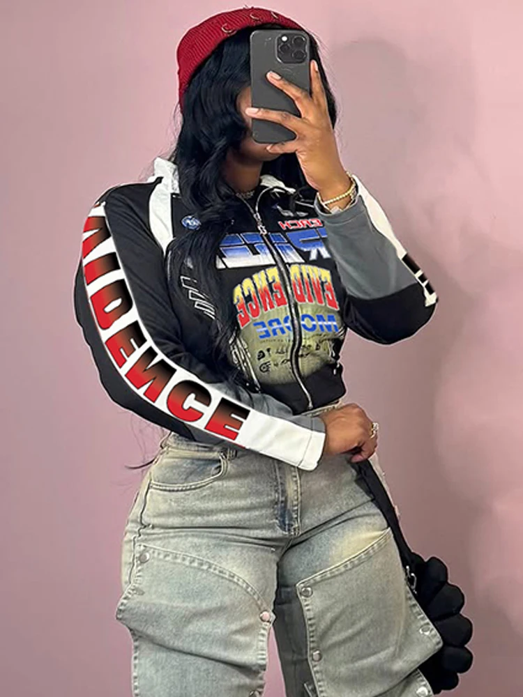 

Weird Puss Hipster Лоскутная женская куртка с буквенным принтом на молнии с длинным рукавом Осенняя тенденция Крутая уличная одежда Тонкая базовая верхняя одежда Укороченное пальто