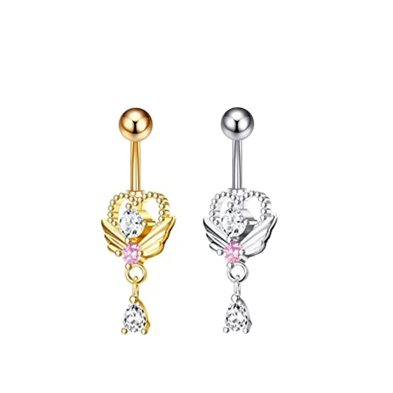 1Pcs Heart Dangled Belly Button Rings Surgical Steel Bar Navel Piercing Ring Crystal CZ Moon Flower Heart Belly Ring Ear Jewelry