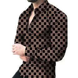 New Checkered Pattern Floral Shirts For Men 3d Printed Lapel With Button Long Sleeved Shirts Y2k Vintage Casual Slim Clothes