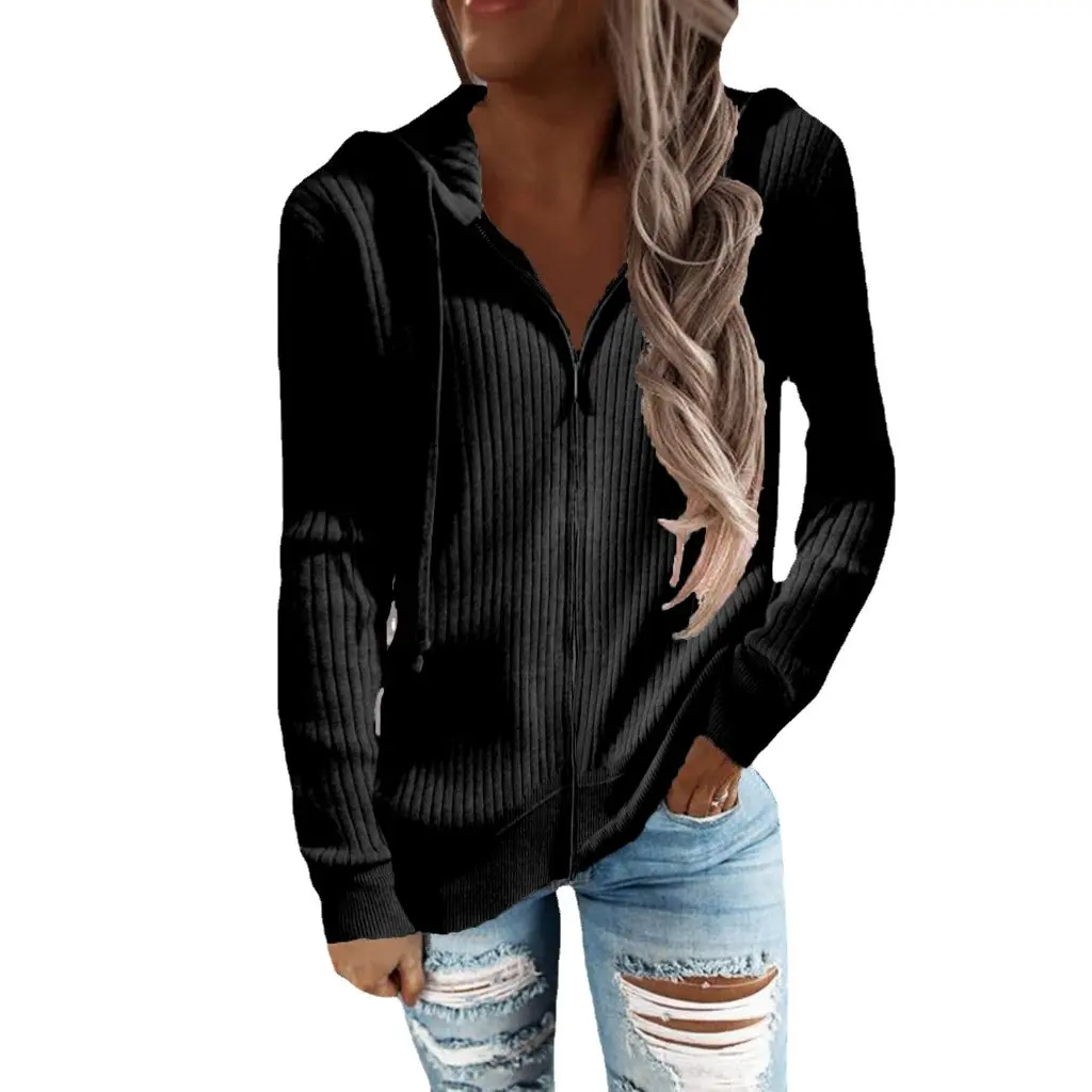 

Women's Long-Sleeved Hooded Zipper Cardigan Striped Casual Sweater Loose Knitwear European American Style Autumn Winter New