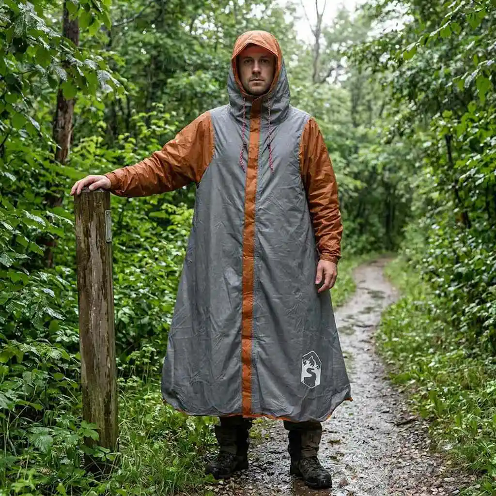 2-in-1 Regenponcho mit Kapuze in Grau und Orange, Lichtundurchlässig, Wasserdicht, Winddicht, Campingzelt für Festivals, Wandern, Rucksackreisen, Camping, Angeln