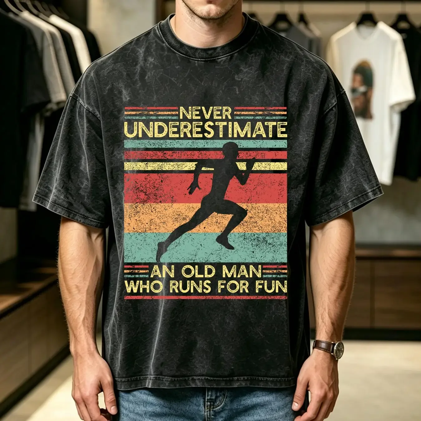 washed T Shirt Never Underestimate an Old Man Who Runs For Fun Running Dad Grandpa Runner Marathon Run Him vintage Washed