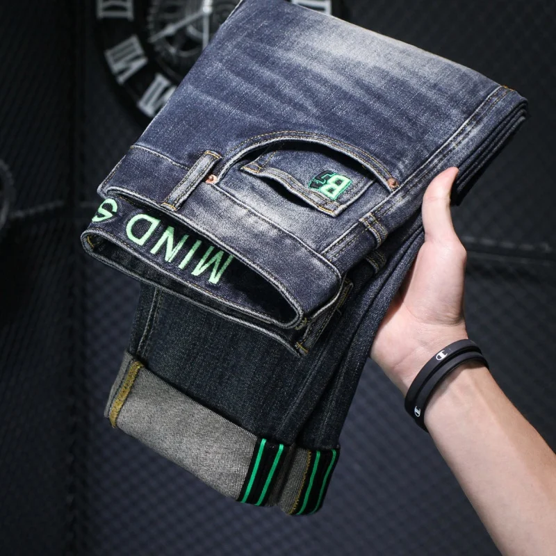 Washed Blue Jeans Men's 2024 Spring and Autumn New Street Slim-Fitting Small Straight Retro Distressed Long Pants