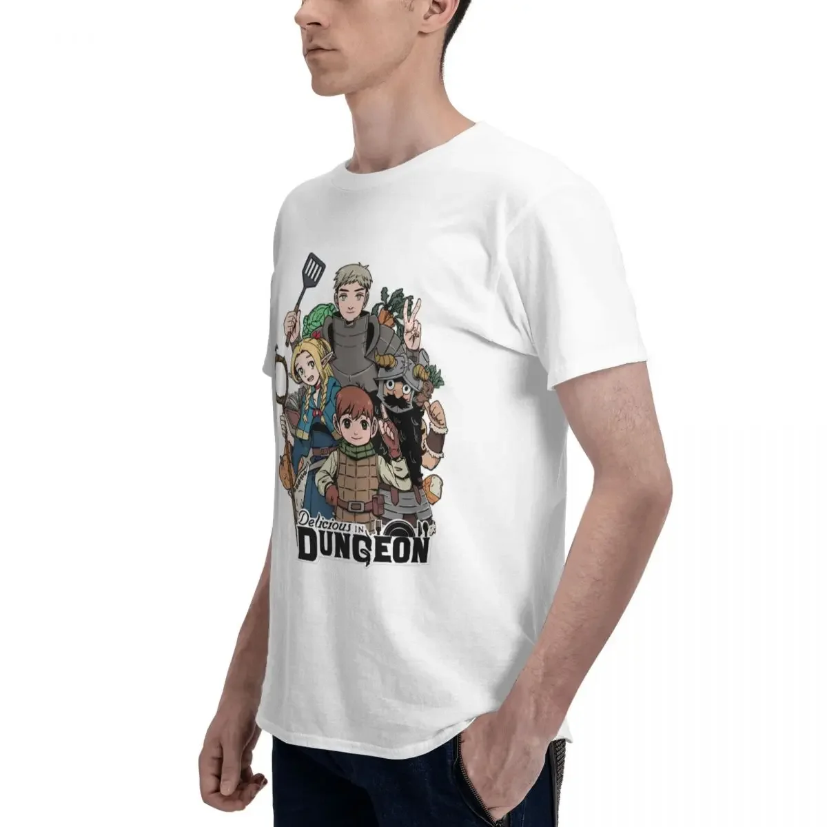 Camiseta gráfica japonesa de anime para homens e mulheres, deliciosa em masmorra, personagens meshi, tops de manga curta