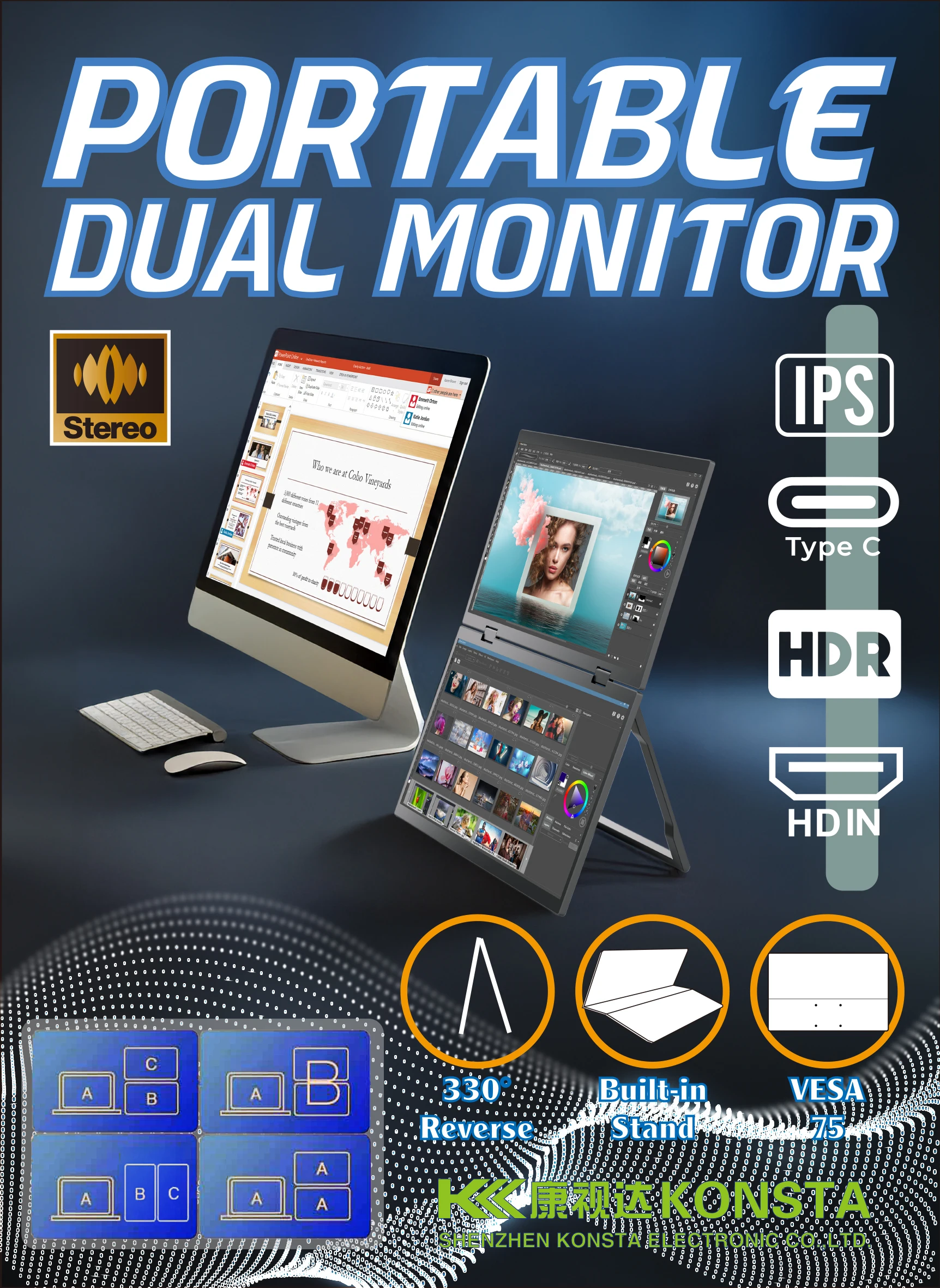 15.6 Inch Dual IPS Monitor 1080P 60~75Hz Portable Foldable Dual Monitor for Windows Laptops