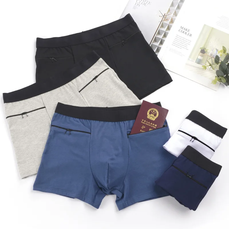 

Big Size European size men's high waist cotton double pocket pants Zip pants boxers anti-theft underwear boys underwear mens