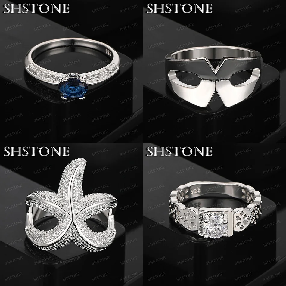 

Fashion 925 Sterling Silver Oval Zircon Mask Starfish Hollow Pattern Ring Size 7-10 Women Birthday Party Jewelry Accessories