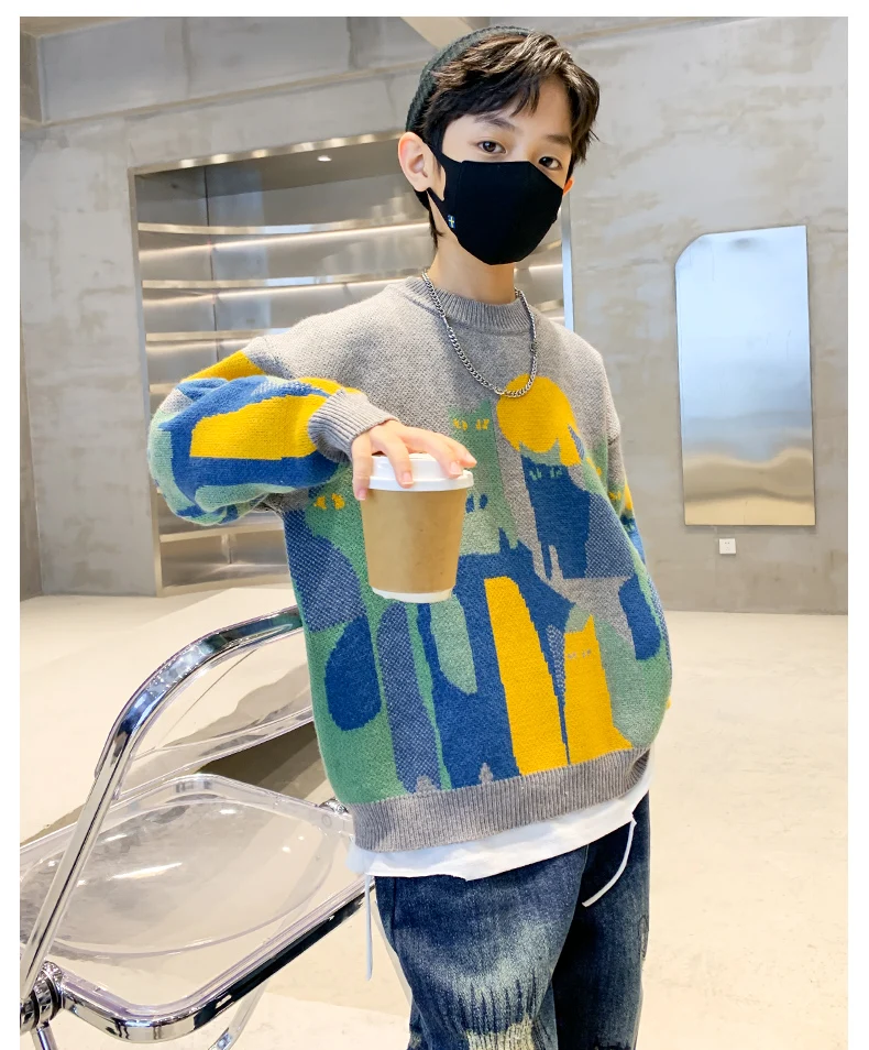 Herbst-Winter Jungen Pullover Sweater für Teenager 5-14 Jahre Cartoon-Katzenmuster Strickwaren Kleidung Kinder Schule Langarm Weicher Pullover – Detail 8