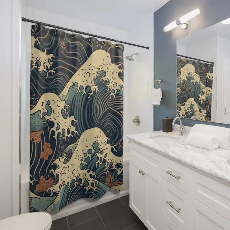 

Занавеска для душа «Великая волна Японии» — японский декор для ванны в стиле Укиё-э, дизайн волновой волны Канагавы