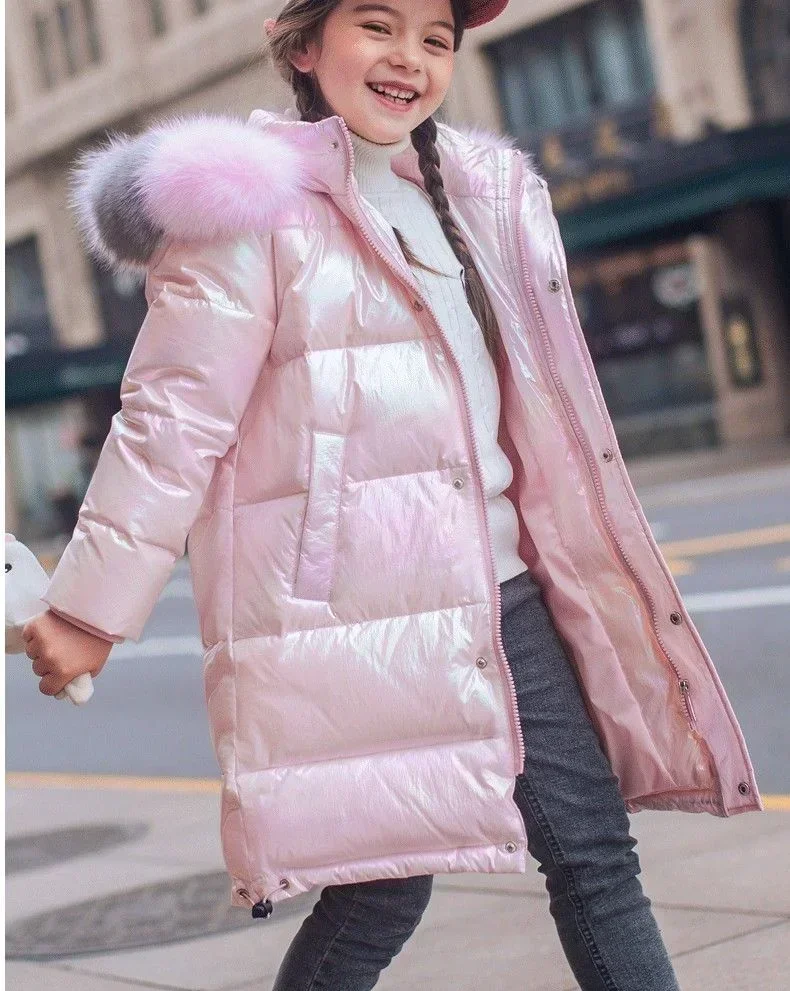 Girls Down 2024 New Padded Jacket Long Girls Big Children Western Style Bright Face Winter Coat Padded Jacket Fashion Clothes