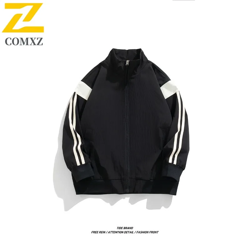 

COMXZ Men Jacket Stylish Casual Stand Collar Color Block Outdoor Hiking Travel Lightweight Windbreaker Coat Breathable Jackets