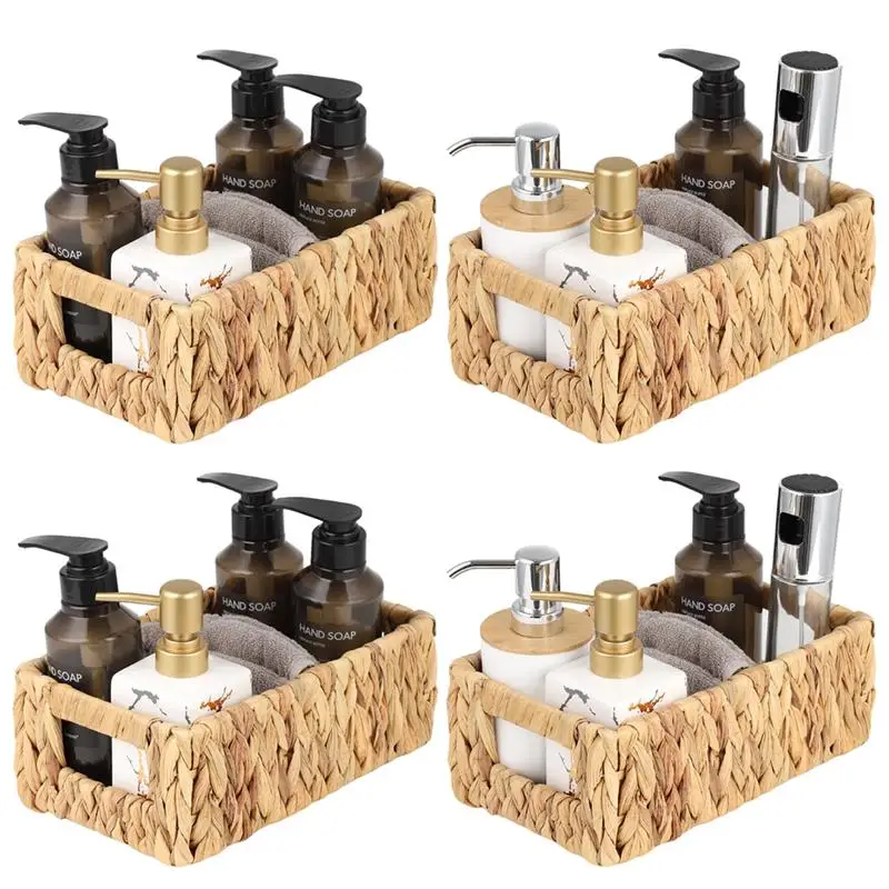 

4Pcs Woven Storage Baskets Rectangular Water Hyacinth Baskets Handwoven Storage Organizers With Built-In Handles For Kitchen