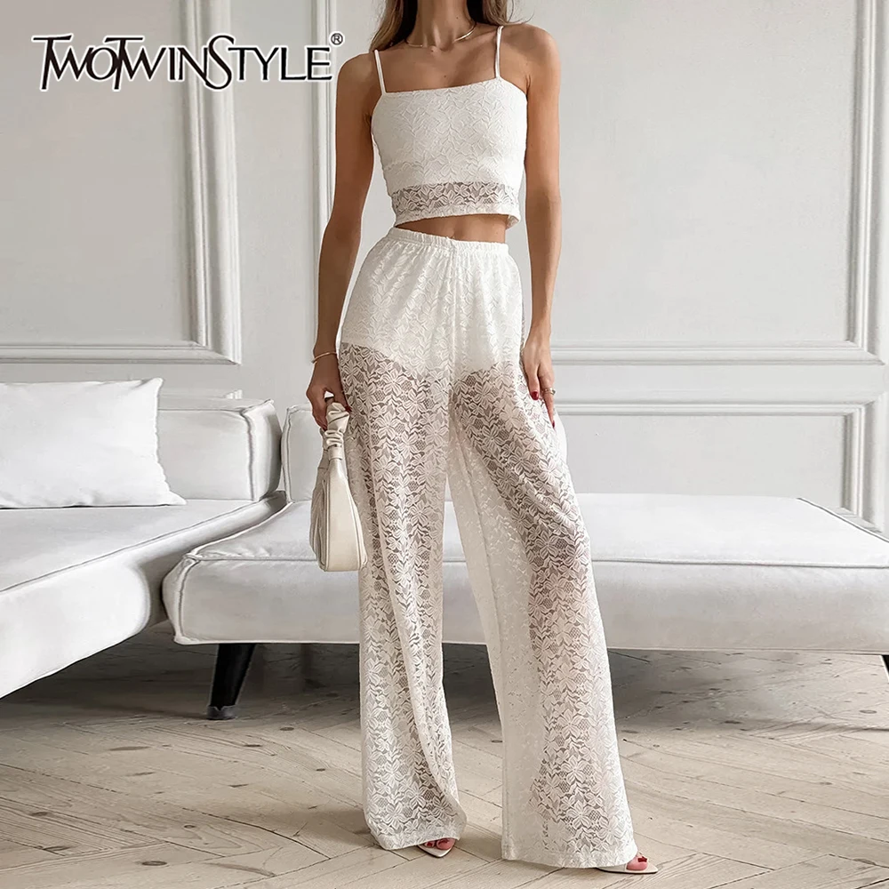 

TWOTWINSTYLE White Spliced Lace Two Piece Set Female Square Collar Sleeveless Top French Casual Women's Pants Sets Fashion New
