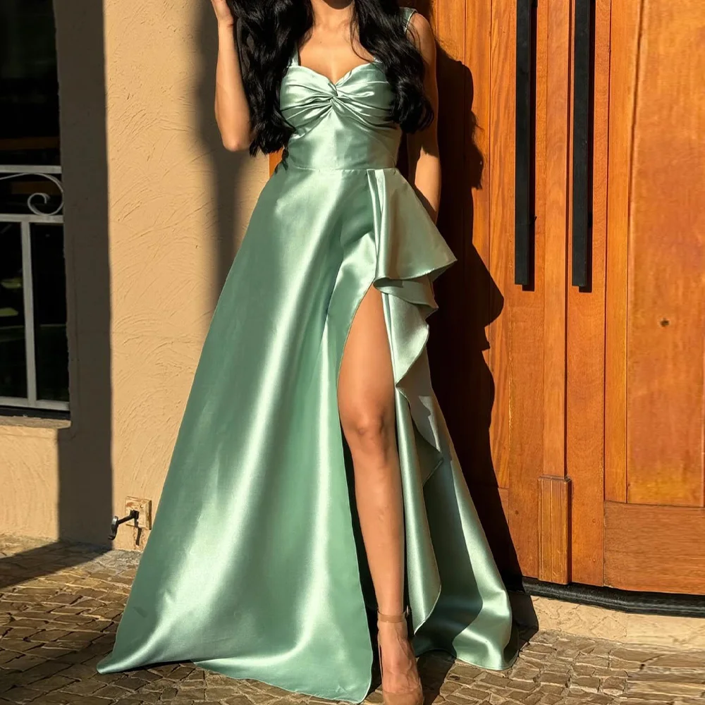 

Cap Sleeve Satin Sleeveless Strapless Floor Length Side Slit A-Line Evening Dress Panel Train Zipper Back Modern Solid Color