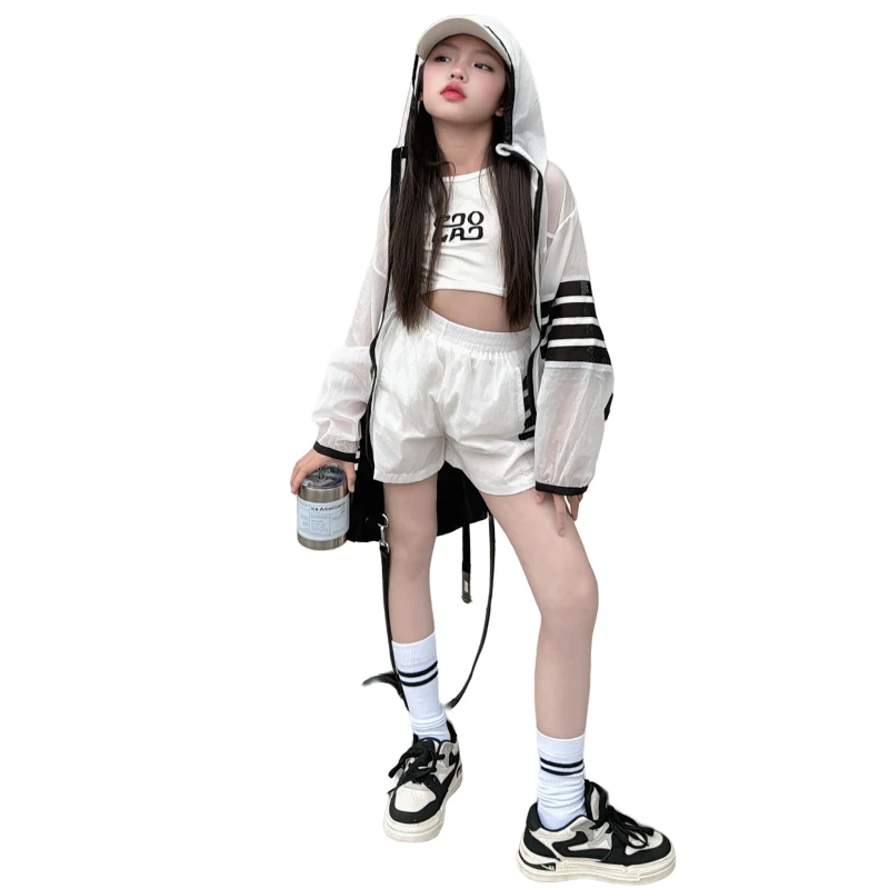 Hot Summer Girls Track Jacket Shorts Sets Outdoor Sun-Blocking Hooded Shirt Children Clothing Sets Kids Girls Windbreaker Outfit 4