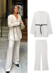 TRAFZA Damski 2-częściowy zestaw V-Neck Długie rękawy Kieszeń Pasek Dekoruj Smukły blezer Płaszcz + Moda Wysoka talia Luźne Casualowe spodnie z szerokimi nogawkami