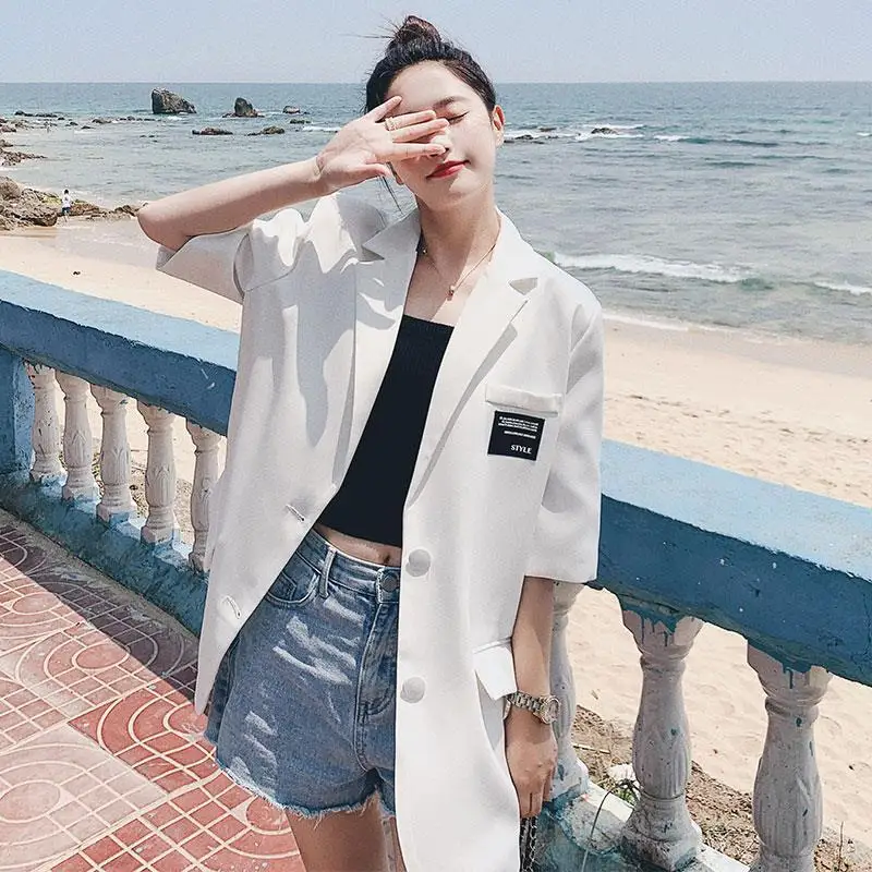 Summer Short Sleeve Blazer Women Streetwear Casual Loose Vintage Thin Tops Black Suit Korean Fashion Jacket Coat