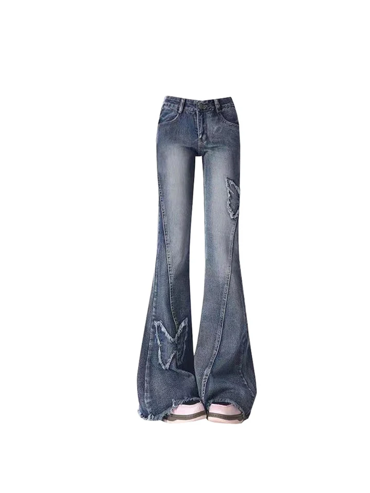 Women's Blue Flare Jeans Baggy Vintage 90s Aesthetic Low Waist