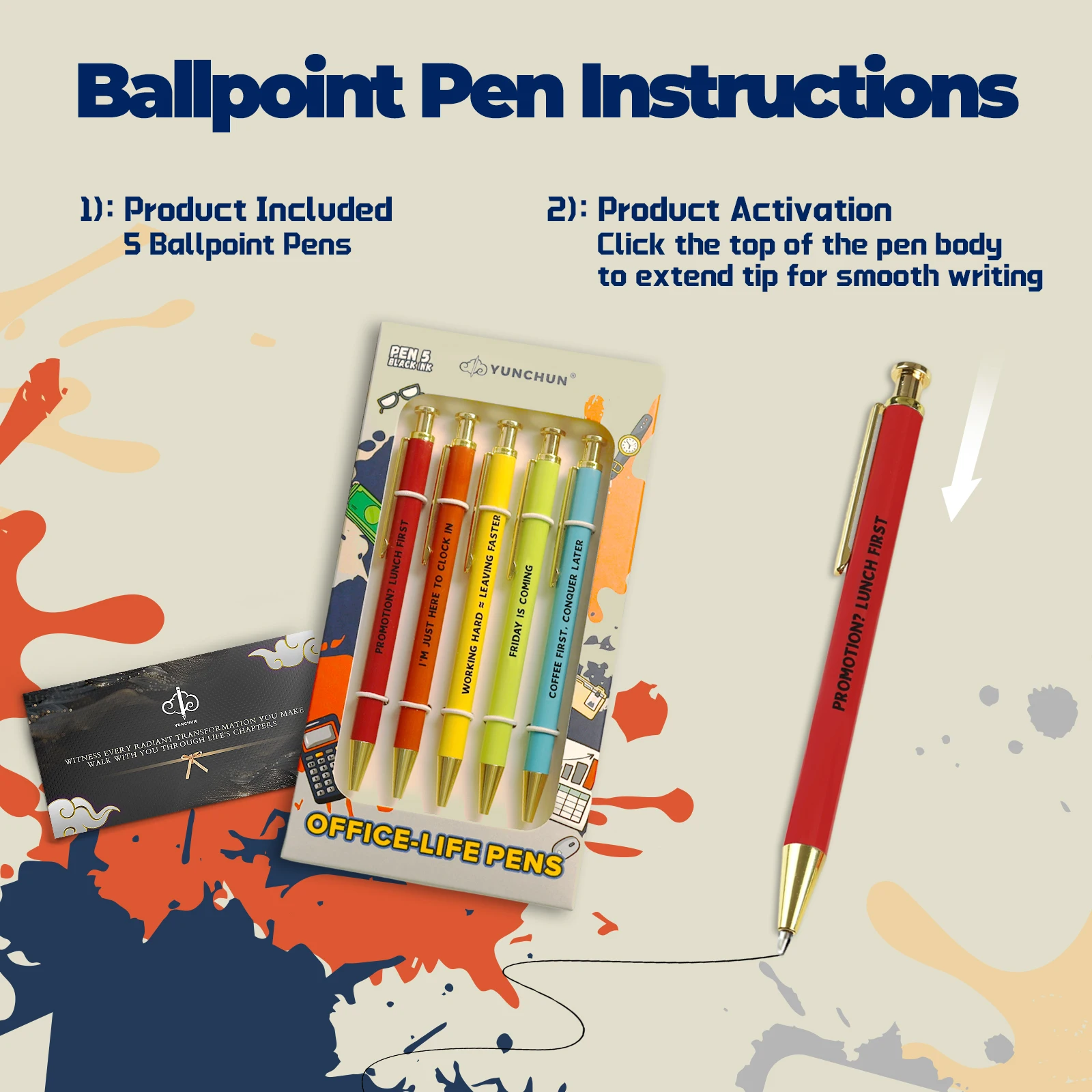 5 قطع من أقلام Yunchun المضحكة، أقلام كروية مبتكرة وقح، هدية كمامة مكتبية مع أقوال الإجهاد في مكان العمل، قلم حبر جاف للمكتب حبر أسود