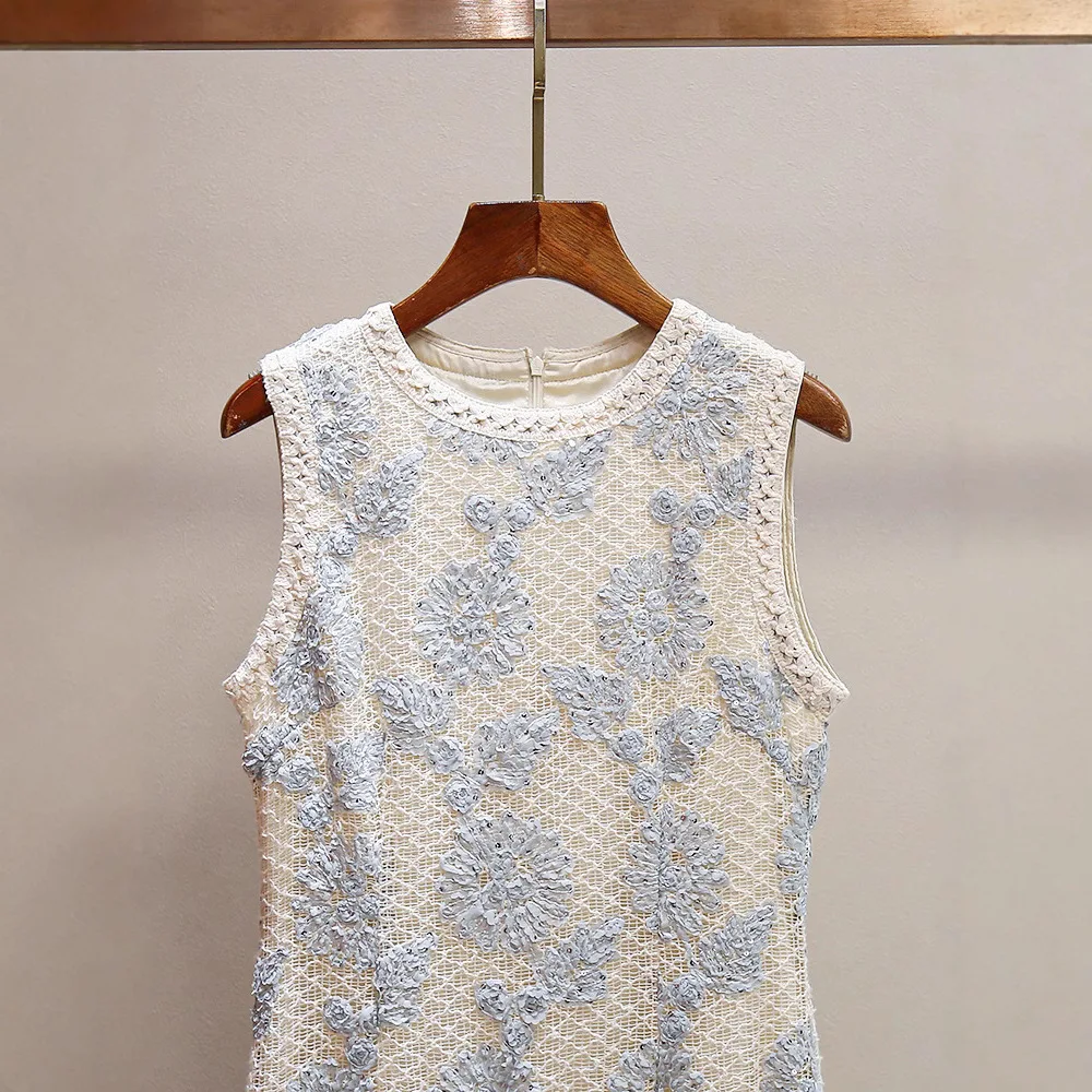 Français élégant tempérament mode robes col rond sans manches creux épissage maille taille haute décontractée vacances longue robe femmes