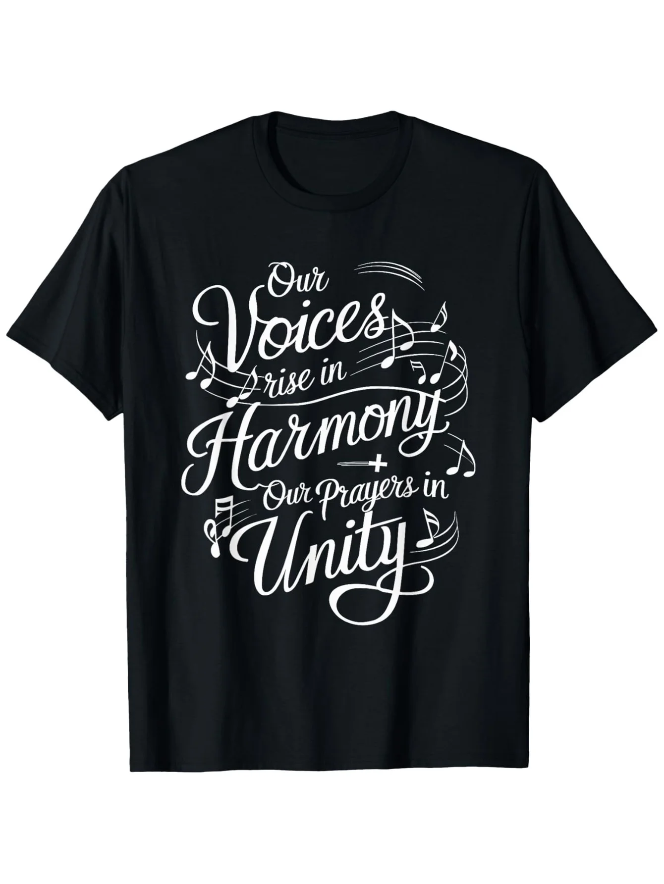 

Christian choir T-shirt, featuring musical notes and the design "Our voices rise in harmony" - Religious singing attire