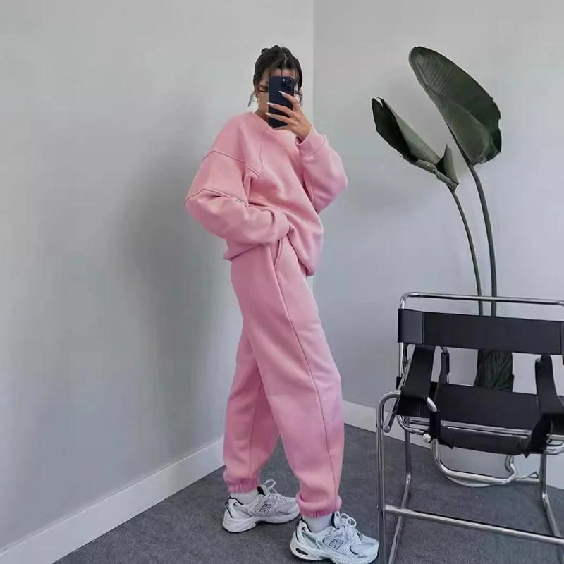 

Thick Tracksuit Women Two Pieces Set Full Sleeve Sweatshirts Pullover Loose Pants Suit Long Trousers Sports Outfits Winter