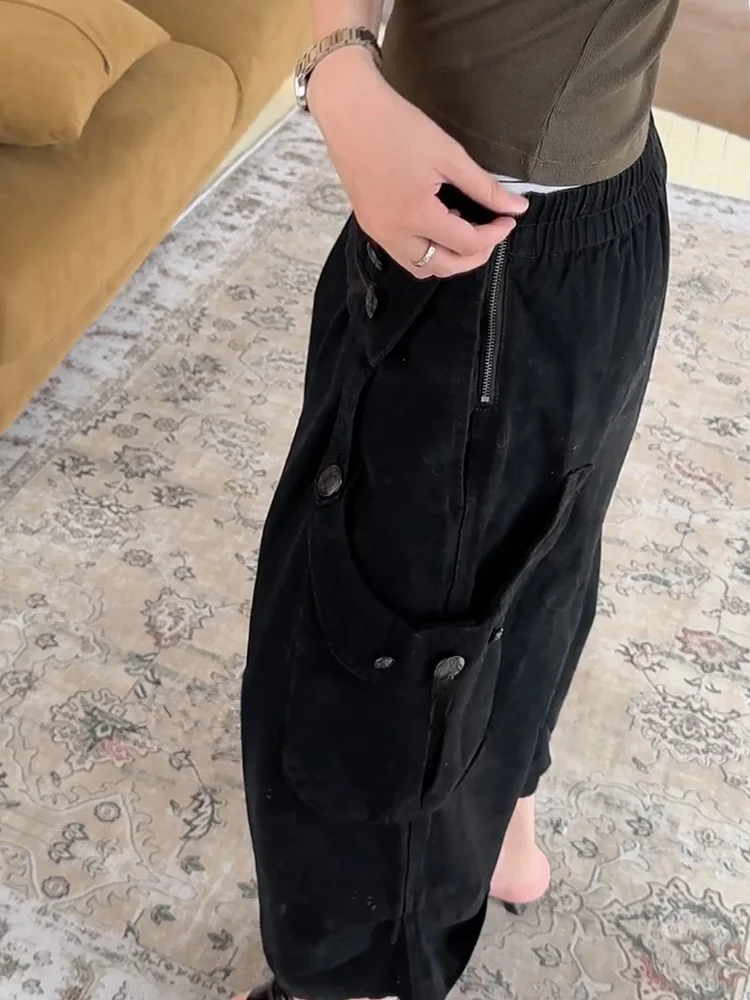 Retro American Spicy Girl Heavy Industry Deconstructed Design Double Row Pleated Denim Wide Leg Seven-Foot Women's Autumn Wor...