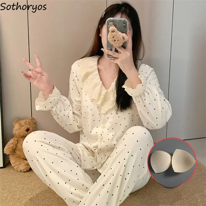 

V-neck Pajama Sets Women Lace Patchwork with Chest Pads Sleepwear Autumn Winter Outfits Polka Dot Sweet Temperament Homewear