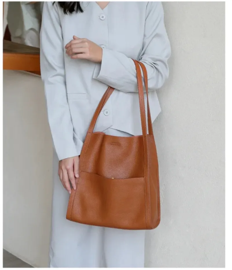 Solid Color Simple PU Leather Shoulder Travel Bag Tote Large Capacity Shopper Luxury Women's Handbag Simple Fashion Bucket Bags