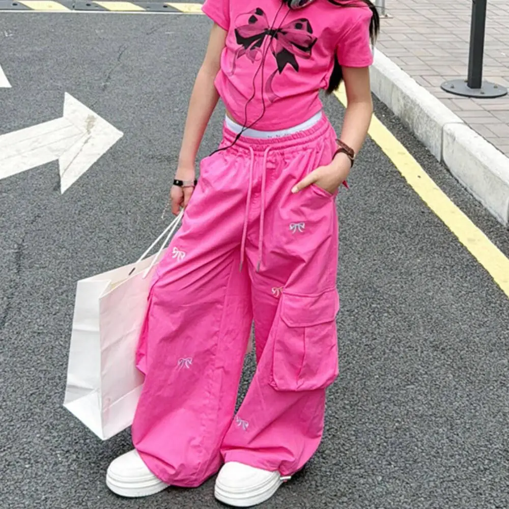 

Fashion Embroidered Baggy Cargo Pants Multi Pockets Wide Leg Sweet Bow Pants Drawstring Joggers Y2k Pants Girl Streetwear