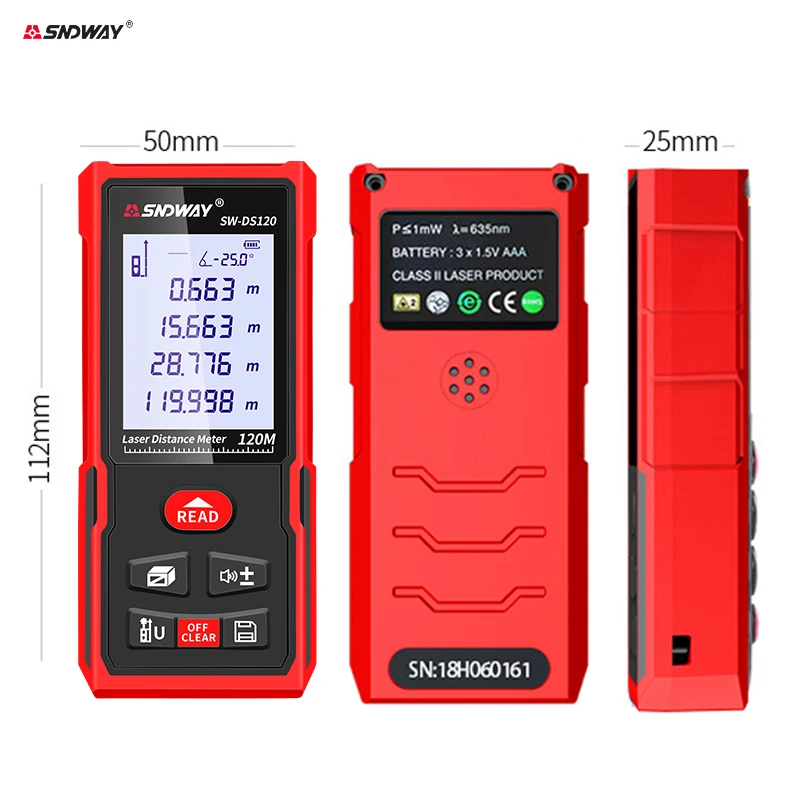 SNDWAY Laser Rangefinder 120m 100m 70m 50m Laser Distance Meter Electronic Roulette Digital Rang Finder Trena Tape Lazer Measure
