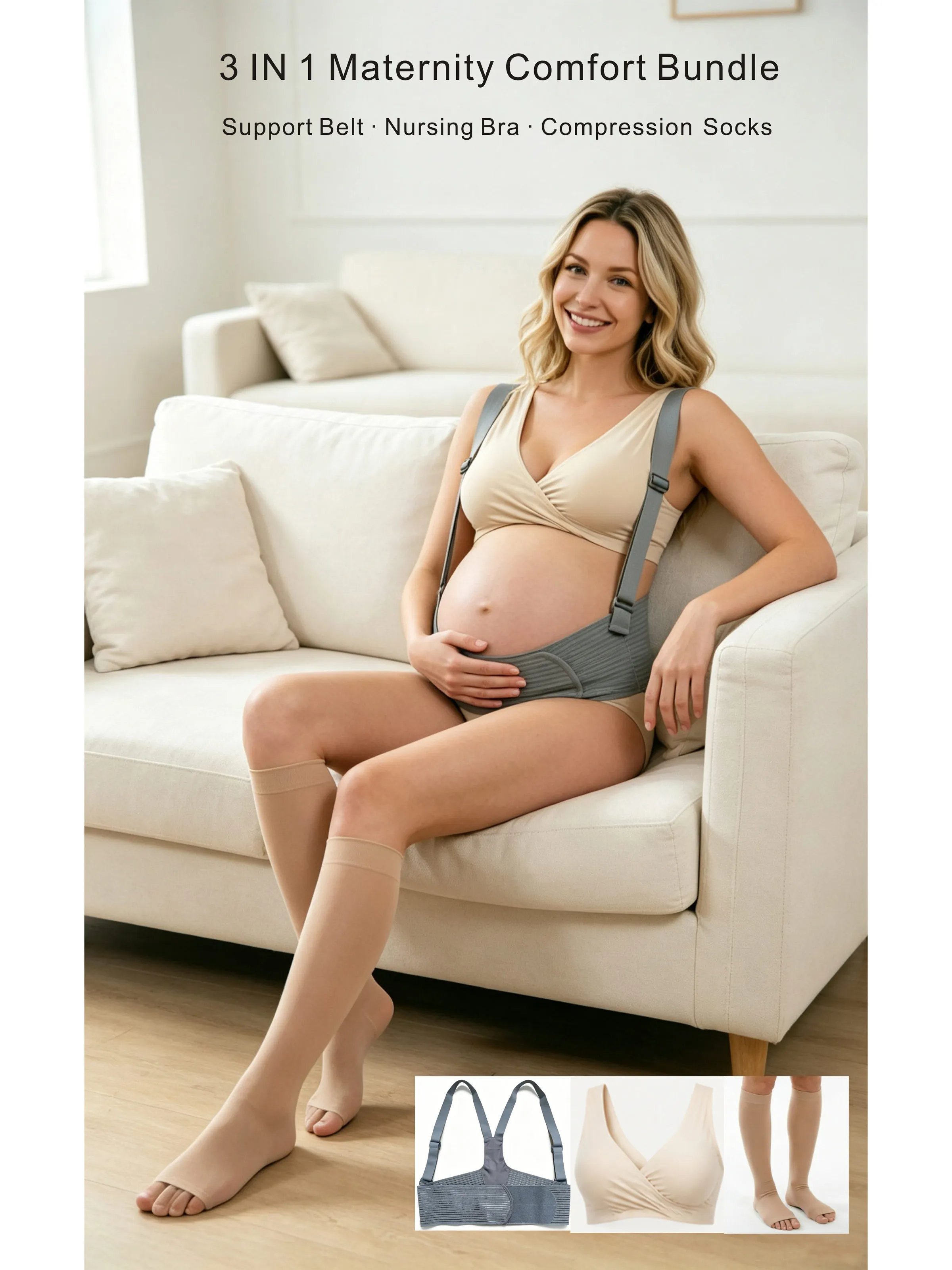 3 in 1 Maternity Comfort Bundle | Maternity Support Belt, Open Toe Compression Socks, Cotton Crossover Nursing Sleep Bra