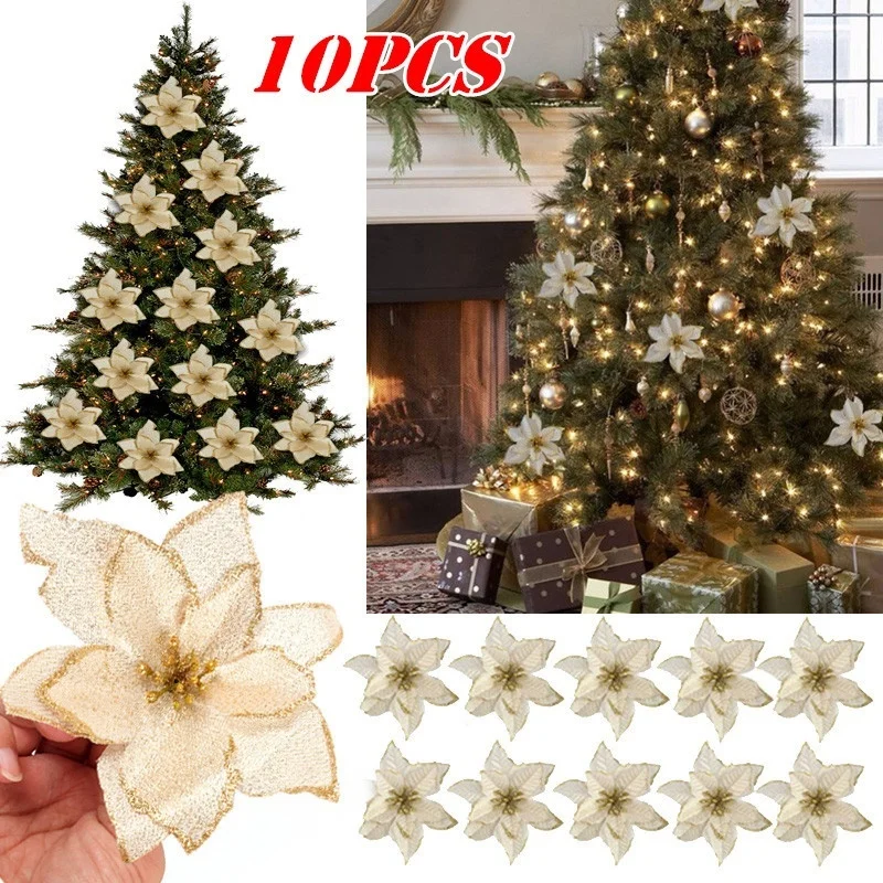 10PCS 13cm Christmas Flowers Artificial Christmas Tree Ornaments Gold Poinsettia Flower Head Home Christmas Tree Decorations