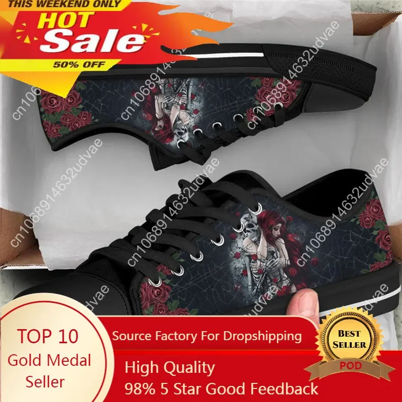 Gothic Skull Love Design Women Sneakers Red Rose Casual Lace Up Flats Black Comfortable Low Top Canvas Shoes Women