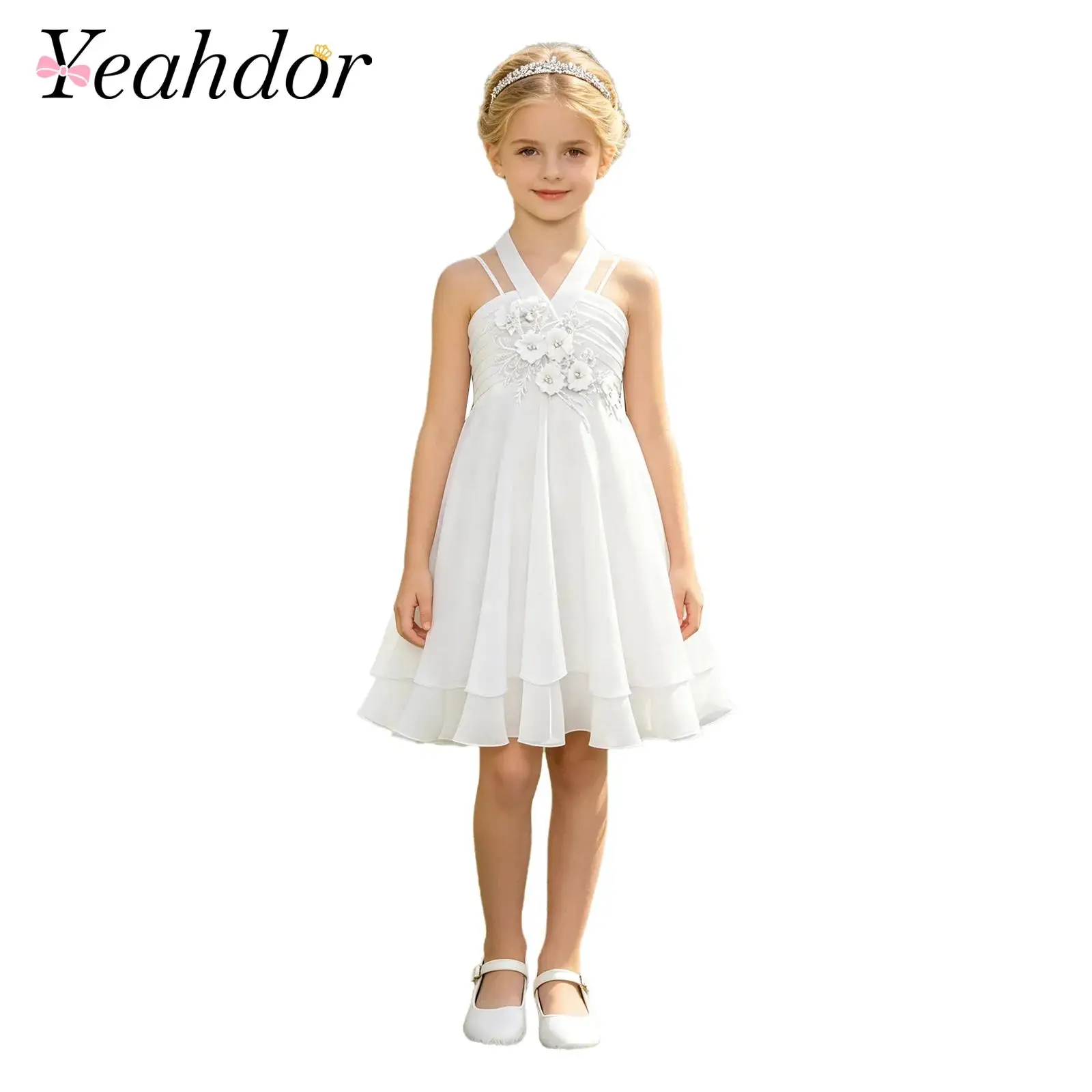 Kids Loral Embroidery Dresses for Girl Elegant Halter Wedding Birthday Party Gowns FChiffon Princess Dress Flower Girls Clothes