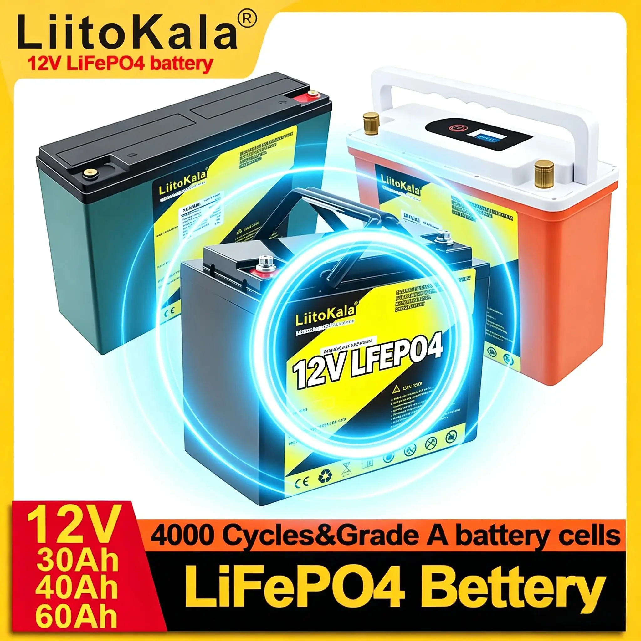 LiitoKala 12.8V LiFePO4 Battery 30/40/60Ah Deep Cycle BMS Protected for Scooter Boat Camping