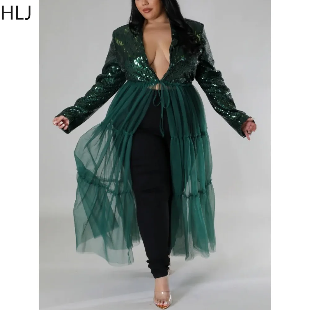 

HLJ Sexy Mesh Splicing Perspective Party Club Dresses Women Sequin Long Sleeve Lace Up Dress Fashion Female Solid Color Clothing