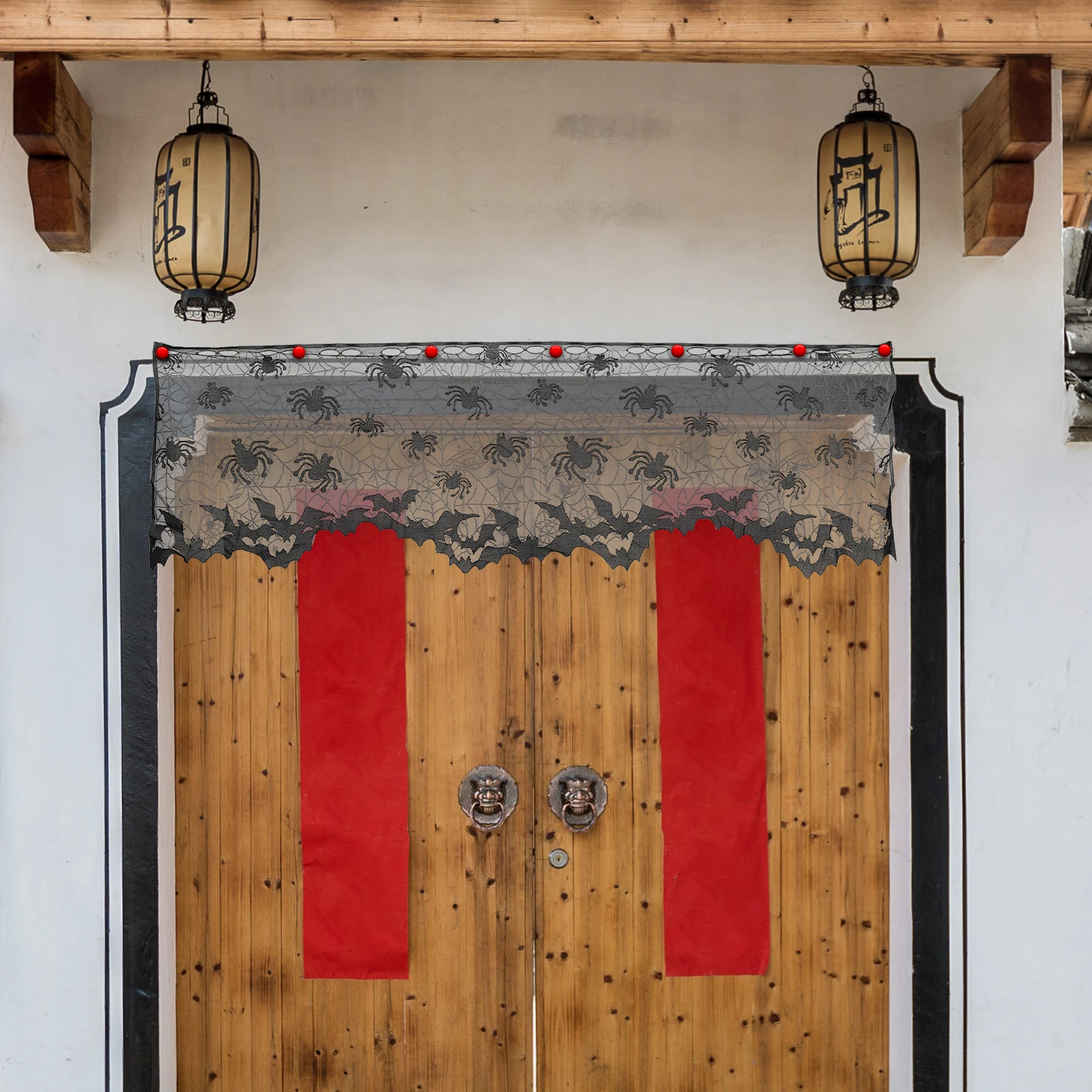 

Black Bat Themed Halloween Window Curtain Spider Web Pattern for Doorway Lamp Shade and Fireplace Drape Home Holiday Decor