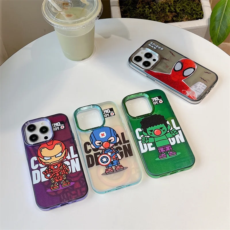 Luxury Cartoon Case for iPhone 11 12 13 14 15 Pro Max Anime S-Spider-Man Electroplating Lens Protection Shockproof Back Cover