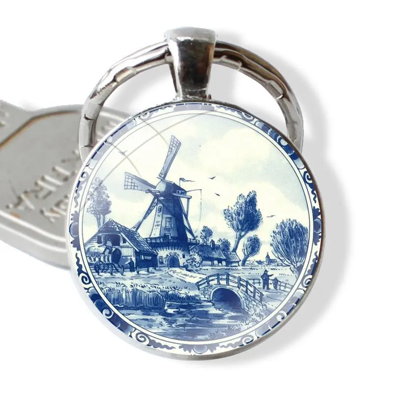 Dutch Blue Delft Vintage Sailboat Windmills Keychain Handmade Glass Cabochon Key Ring Holder Pendant Key Chains