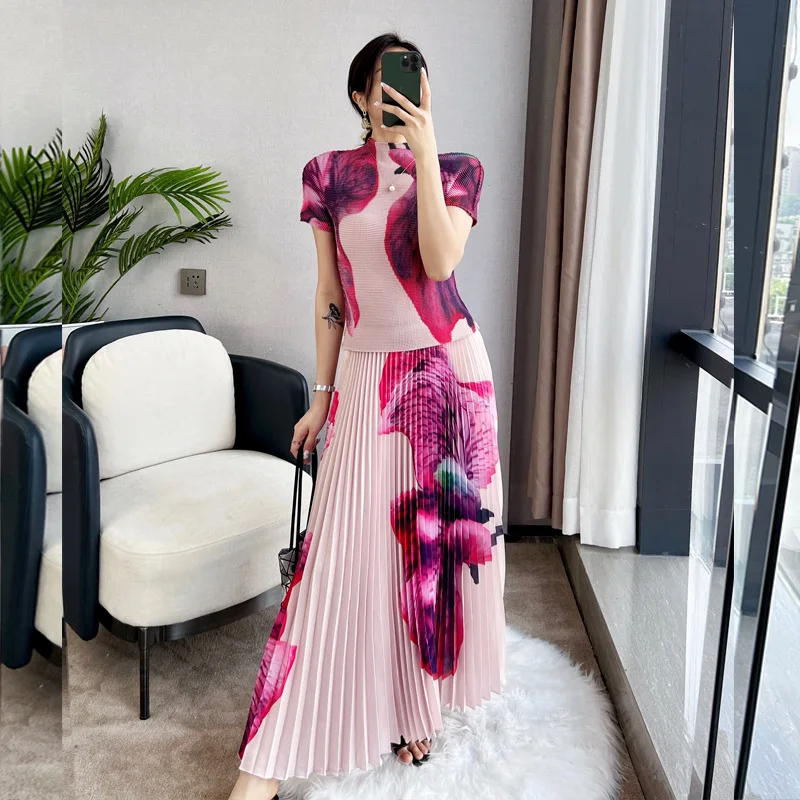 Miyake Pleated Suit Women 2022 Summer Gradient Color Printed Loose Top Women's High Waist Two-Piece Overskirt Suit