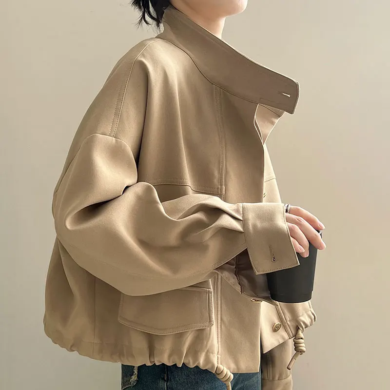 Women\'s Casual Short Jacket Autumn Korean Style Stand Collar Comfortable Loose Fit Solid Color  with Drawstring Hem  Minimalist