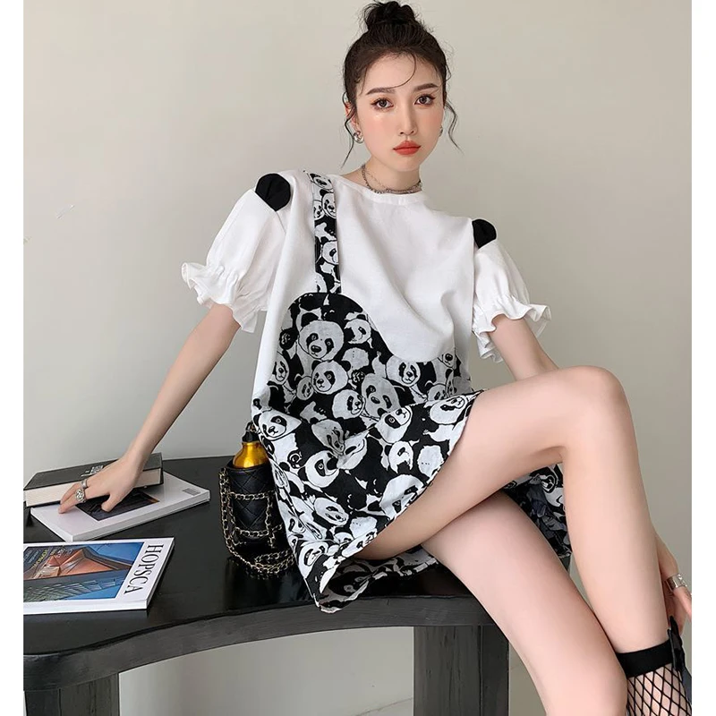 Fashion O-Neck Printed Spliced Fake Two Pieces Midi Dress Female Clothing 2024 Summer New Loose Butterfly Sleeve Casual Dress