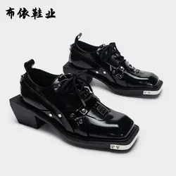 Women Shoes Spring New metal head Decorate Leather Loafers For Men Retro Bite Thick-soled Non-slip Square Head Wedge Derby Shoes