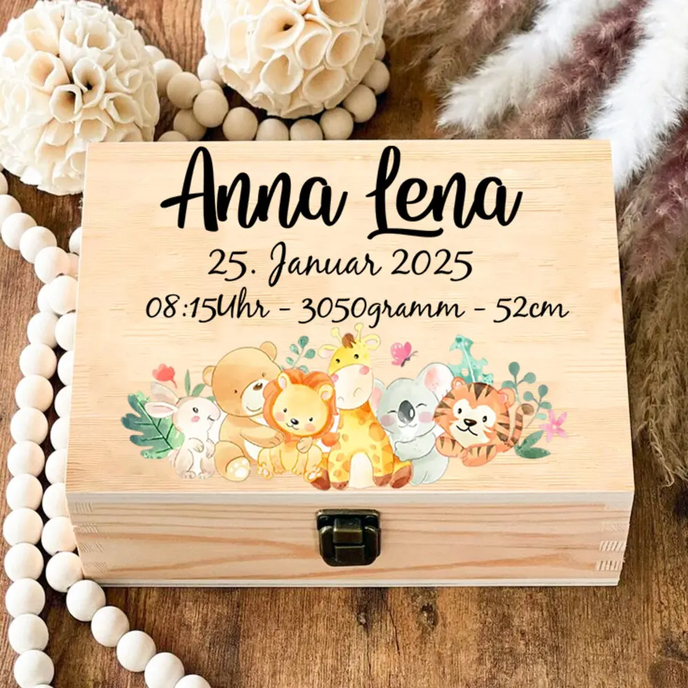 Персонализированная коробка памяти, милый медведь, кролик, олень, жираф, панда и лиса с именем и датой рождения, подарок на крестины