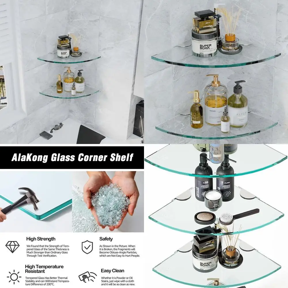 

Набор угловых стеклянных полок, закаленное стекло для душа, треугольная настенная полка, держатель для шампуня, без сверления, клейкое крепление, ванная комната