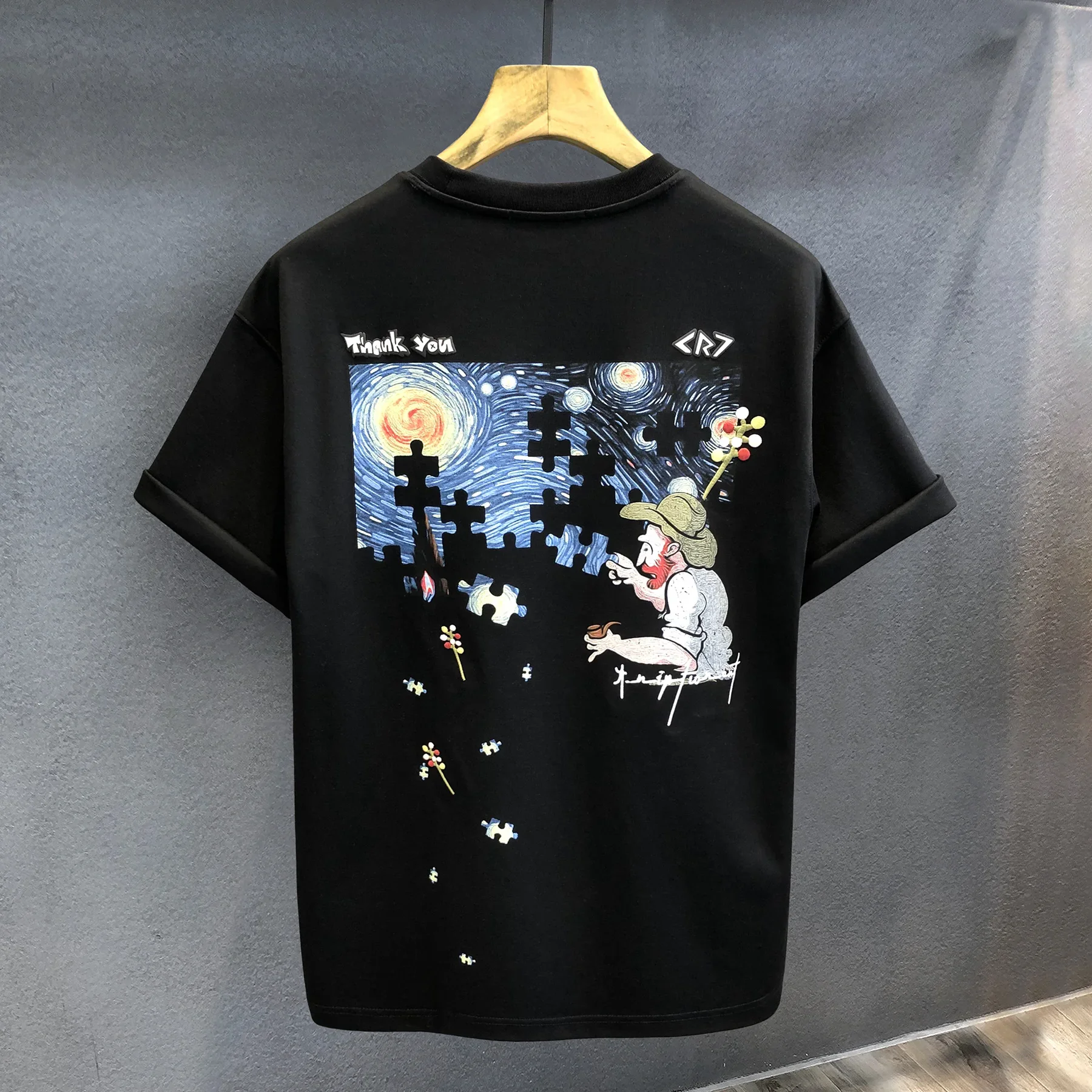 

Summer Night Starry Sky Print Graphic Print T-shirt Retro Texture High-end Fashion Brand Men's New Summer Couple Wear