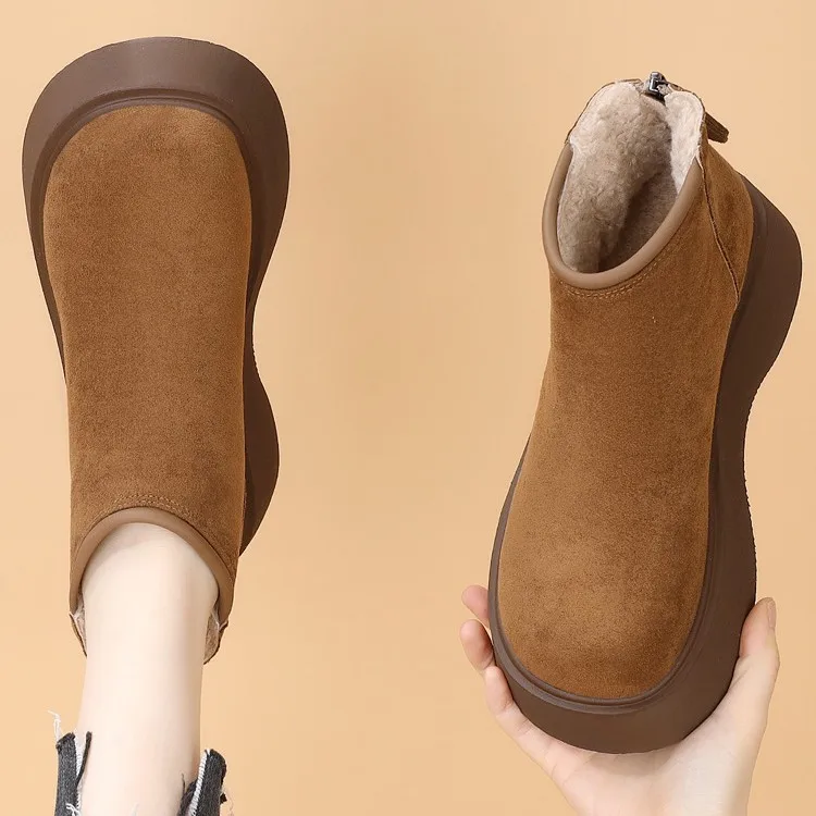 Fur integrated snow boots for women in winter 2025  thick soled height increasing and plush warm boots short boots