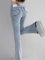 2024 Y2K High Waist Jeans Women Spring Sexy Hot Girl Casual Peach Love Pocket Flare Pants Female Bodycon Korean Denim Trousers